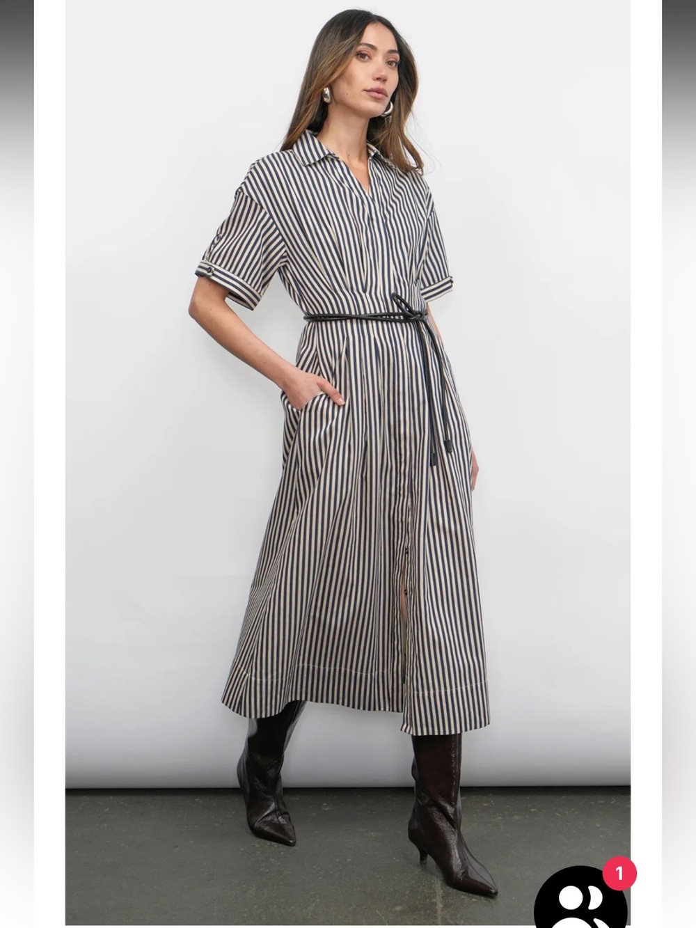 greylin vanisa navy blue cream stripe button front midi shirt dress small NEW - Picture 4 of 9